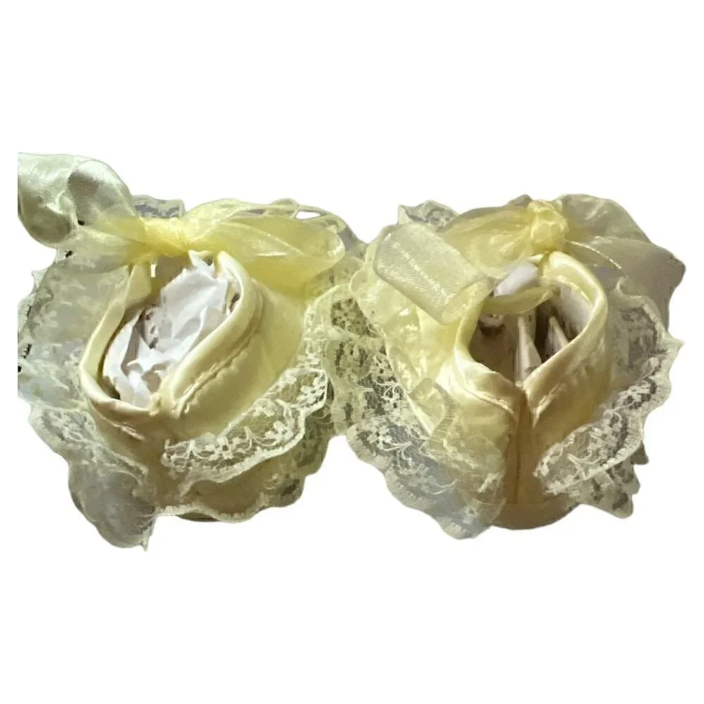 2 Pr Pink & Yellow Lace Satin Soft Baby Crib Christening Baptism Easter Shoes